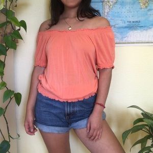 Off the shoulder top Bardot orange ruched lettuce